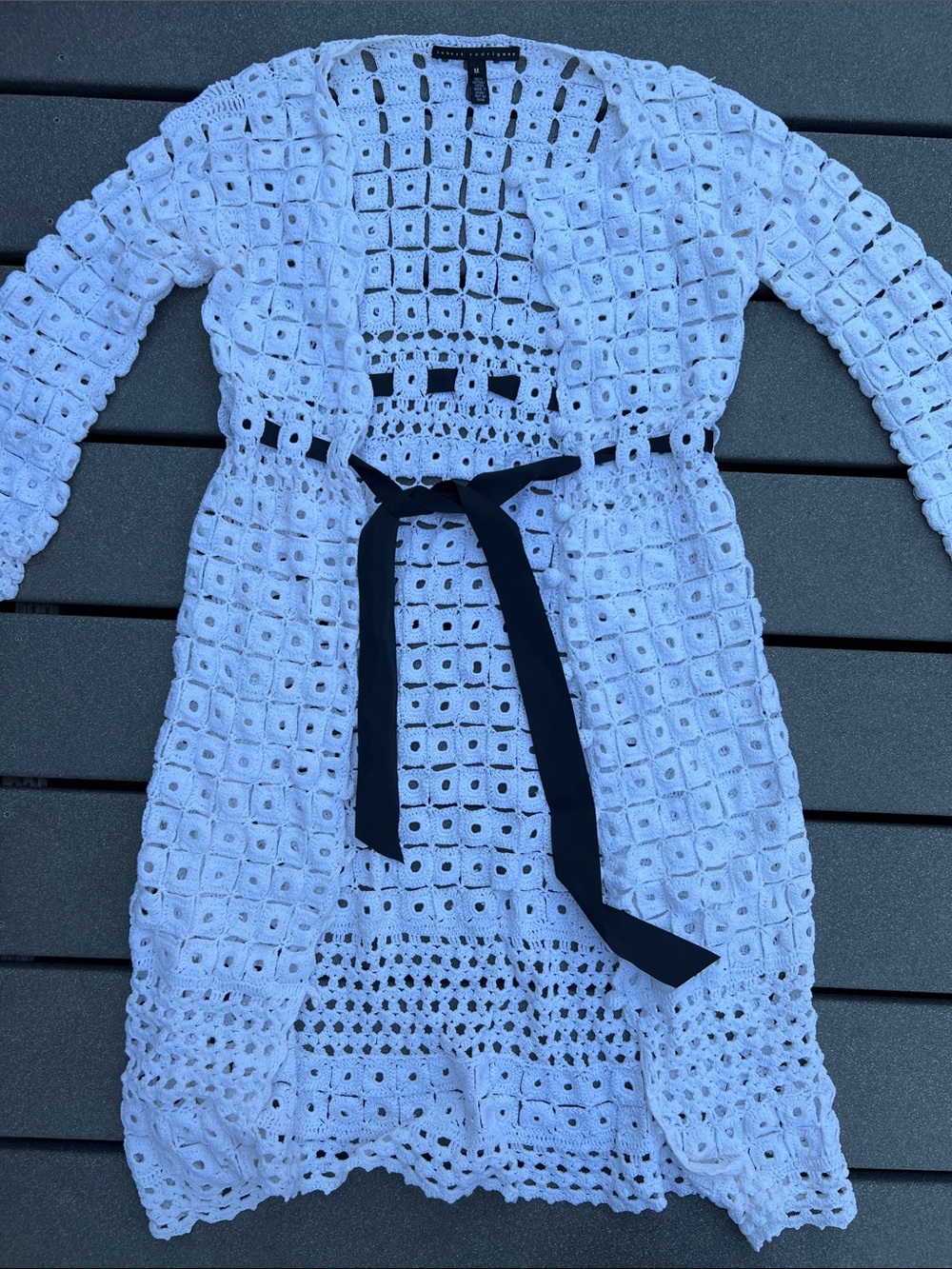 Robert Rodriguez White Crochet Open Cardigan with Black Tie